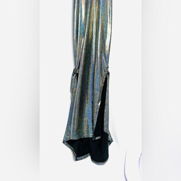 Liquid Silver Holographic Halter Maxi Dress – Custom Pouf Back Skirt XS/Petite - Picture 9 of 11